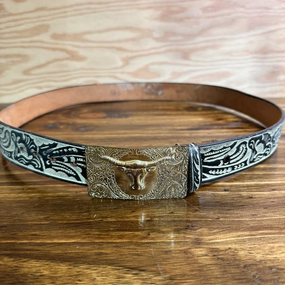 Vintage Top Grain Cowhide Western Belt Longhorn Buckle Black White Tooled 42